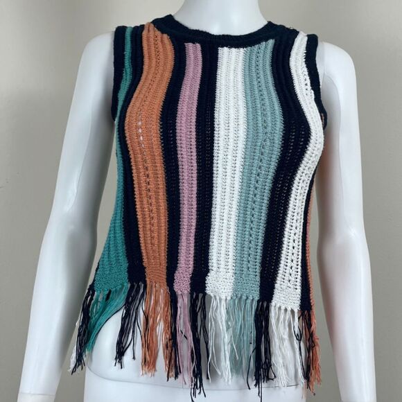 Crave Fame Women Size XS Crochet Knit Cropped Striped Tank Pullover Top Festival - Picture 3 of 11